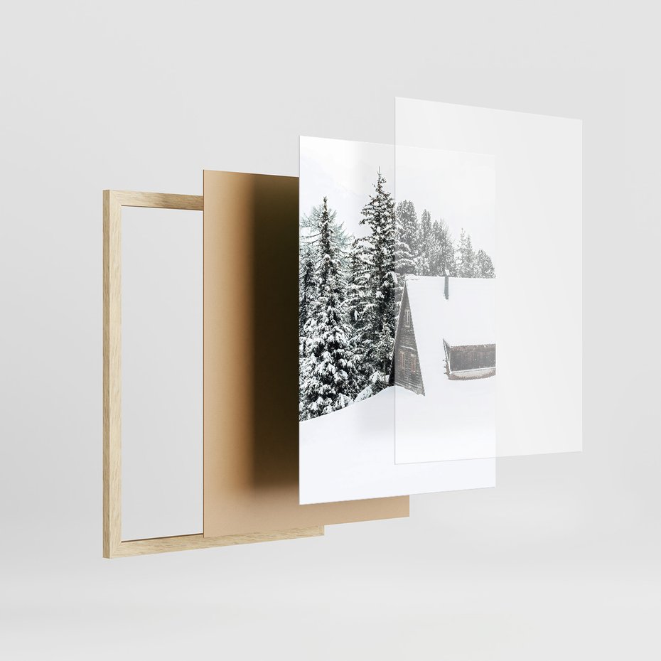 Zestaw obrazy w ramie, plakaty - zima, śnieg, góry - rama drewno