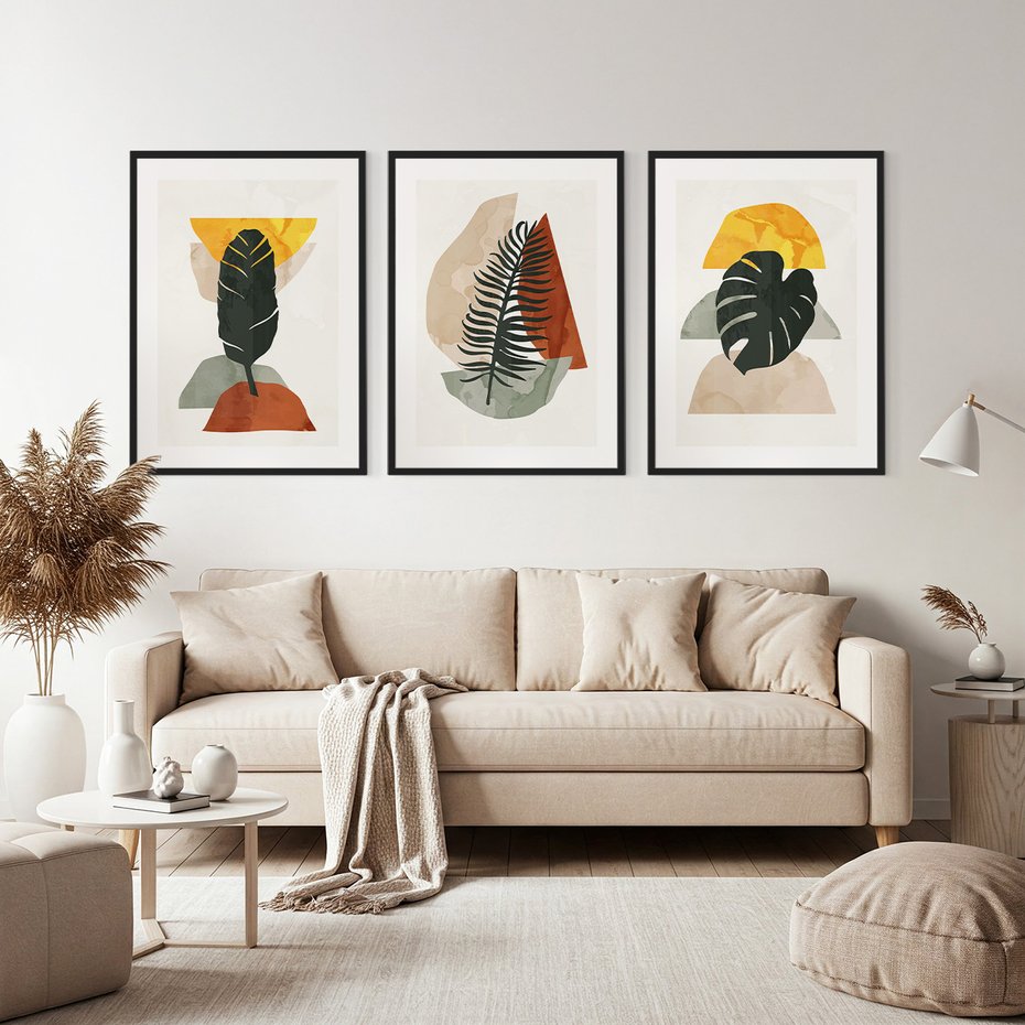 Zestaw obrazy w ramie, plakaty - liście, abstrakcja, rośliny - rama czarna