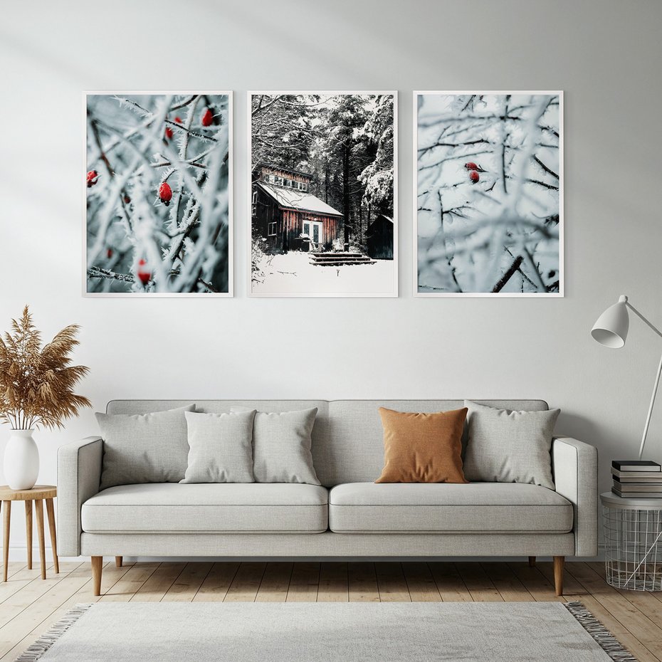 Zestaw obrazy w ramie, plakaty - zima, śnieg, mróz - rama biała