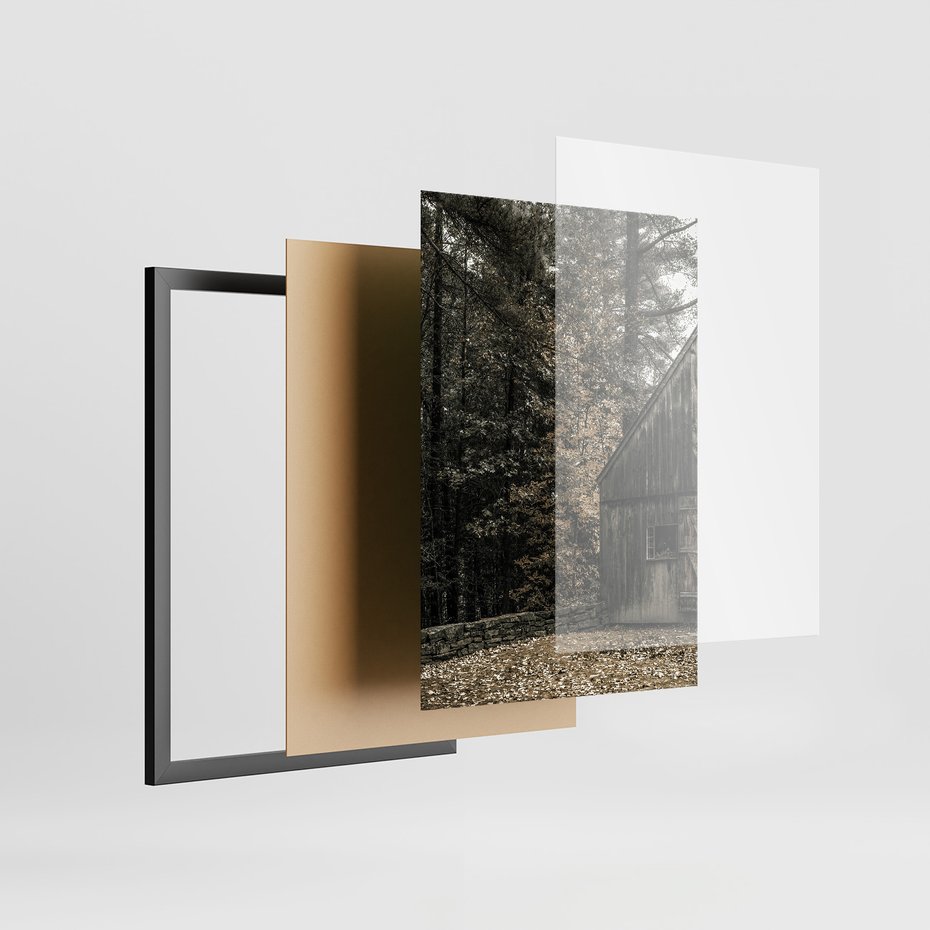 Zestaw obrazy w ramie, plakaty - drewno,domek,las - rama czarna