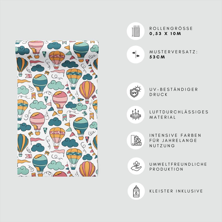 Tapeta - dziecięca, balony, chmury, flagi
