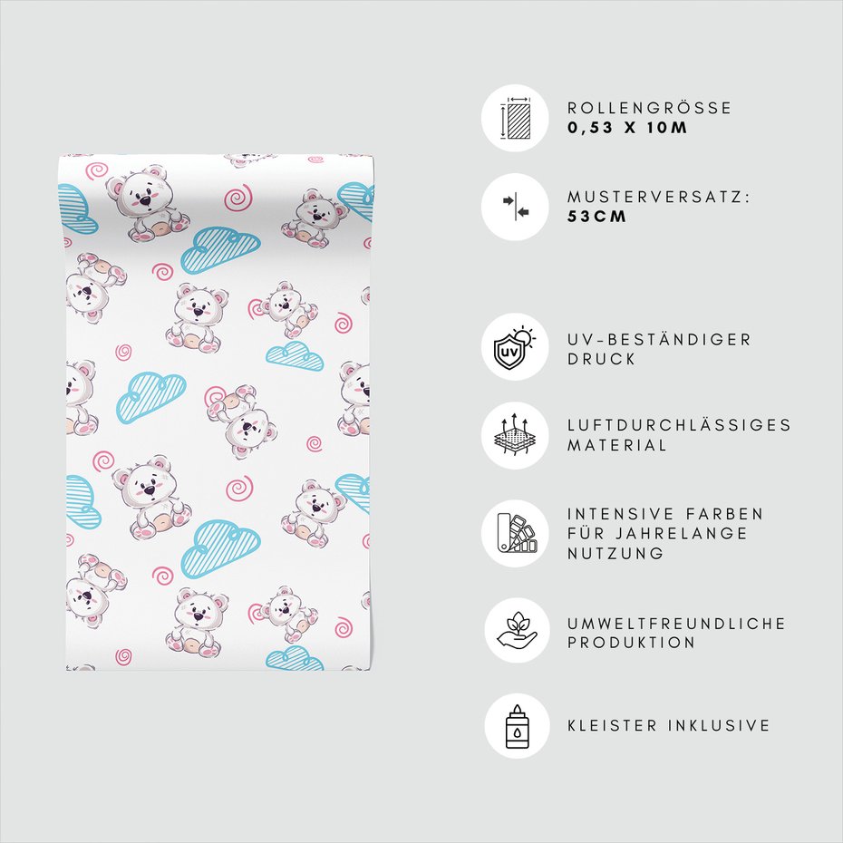 Tapeta - dziecięca, niedźwiedź, chmura, spirala