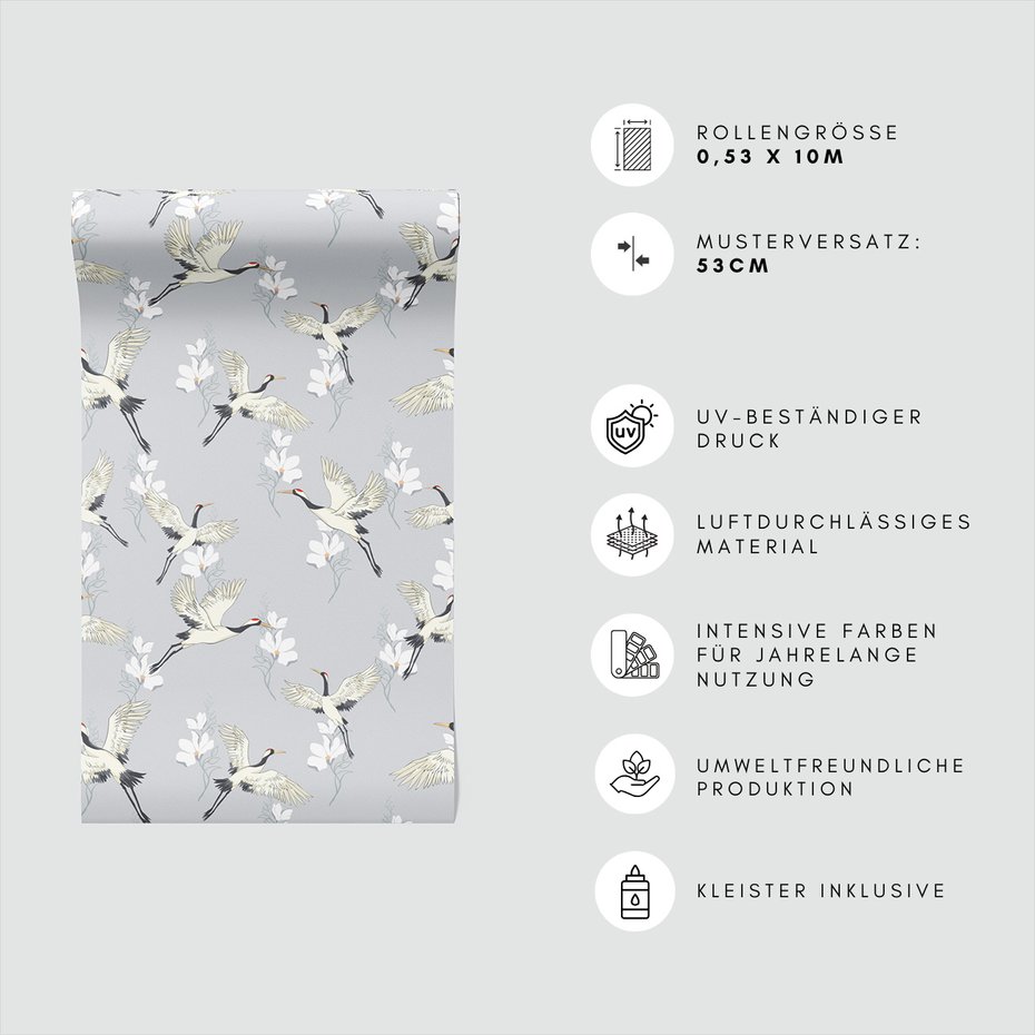 Tapeta - żurawie, kwiaty, wzór