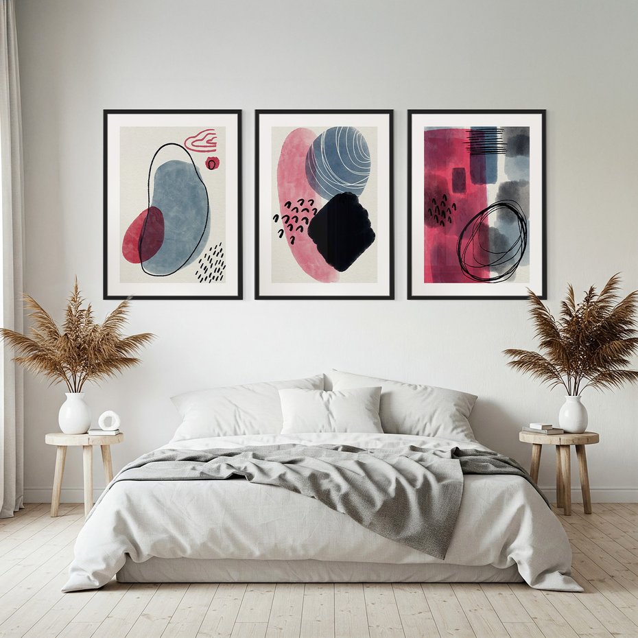 Zestaw obrazy w ramie, plakaty - abstrakcja, pastelowe, plamy, - rama czarna