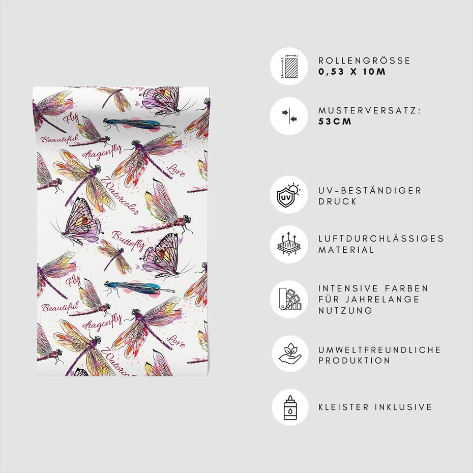 Tapeta - ważki, motyle, akwarele