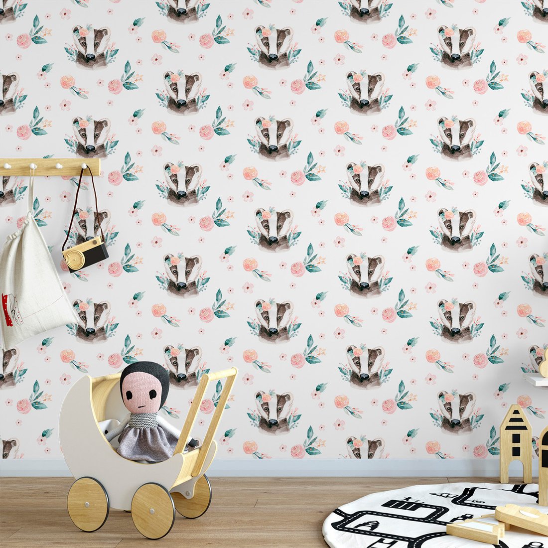Tapeta - borsuk, kwiaty, liście
