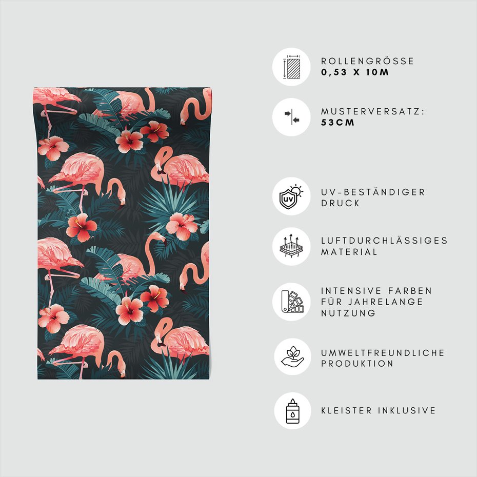 Tapeta - flamingi, kwiaty, liście