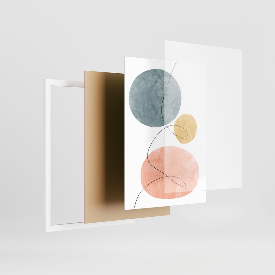 Zestaw obrazy w ramie, plakaty - abstrakcja,akwarele,linie - rama biała