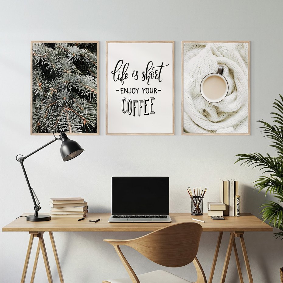 Zestaw obrazy w ramie, plakaty - igły, kawa, sweter - rama drewno