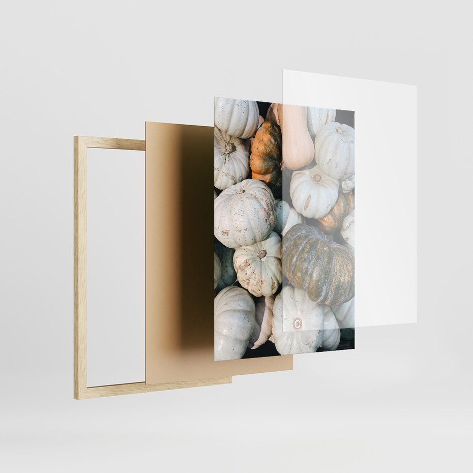 Zestaw obrazy w ramie, plakaty - dynie, liście, jesień - rama drewno