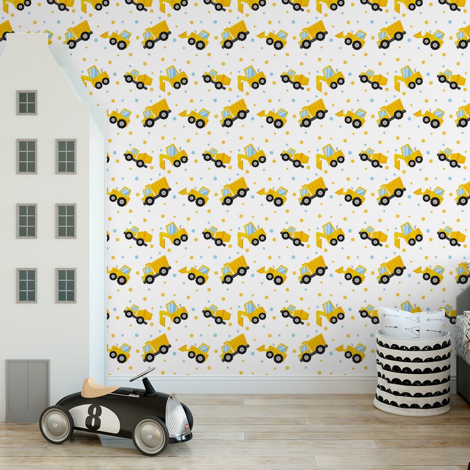 Tapeta - dziecięca, koparka, ciężarówka, kropki