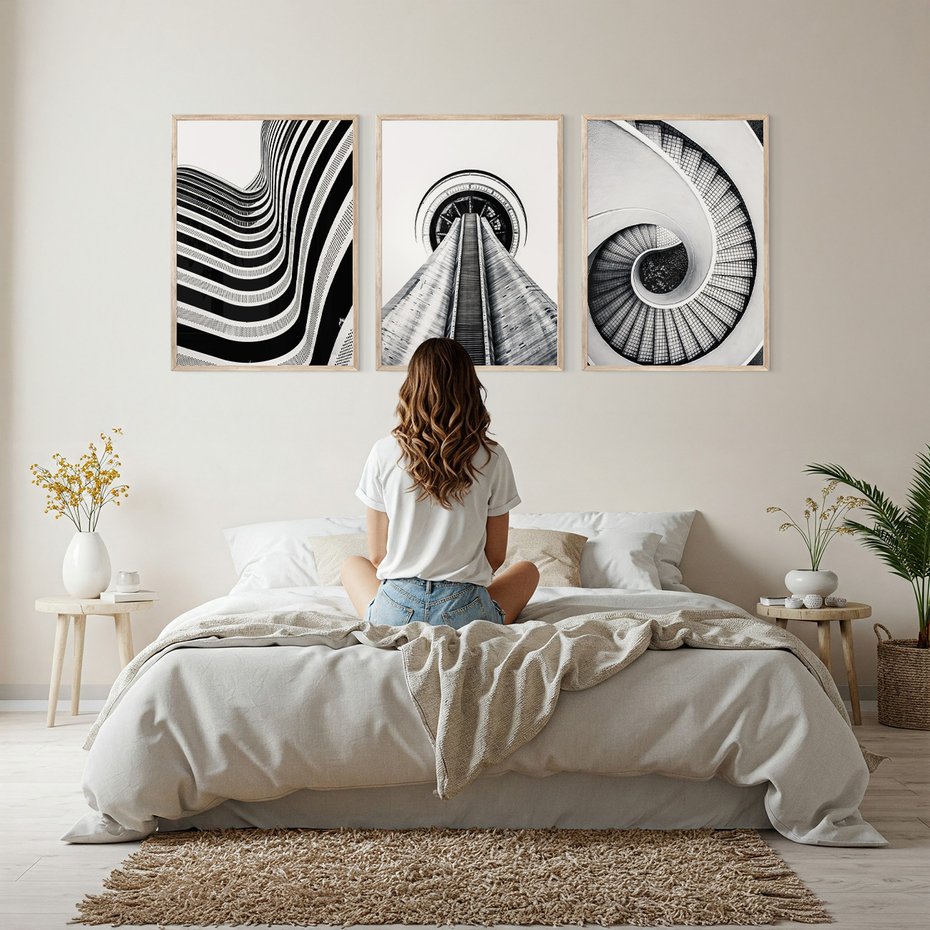 Zestaw obrazy w ramie, plakaty - struktura, schody, architektura - rama drewno