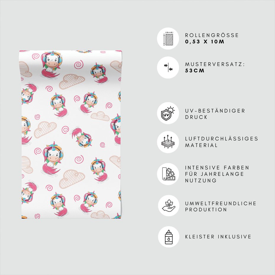 Tapeta - dziecięca, jednorożec, chmury, spirala