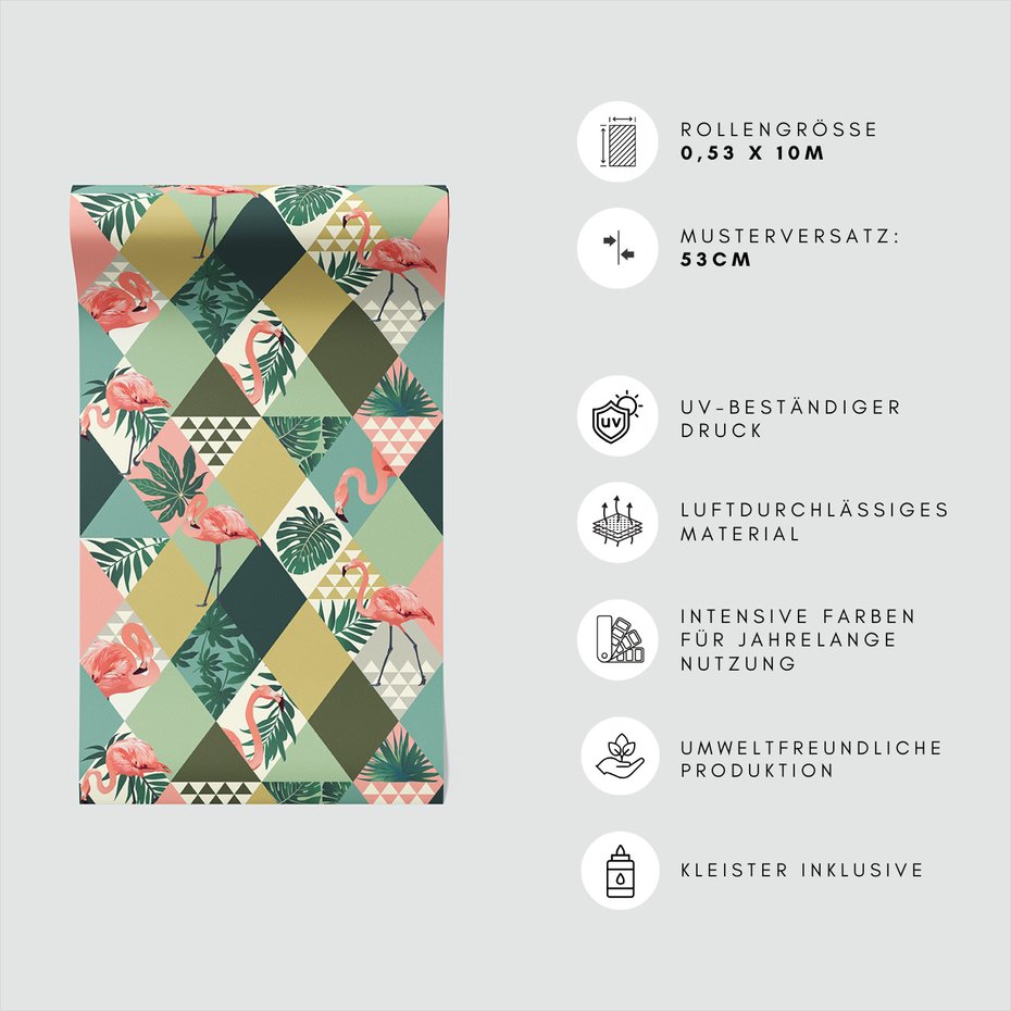 Tapeta - flamingo, liście, trójkąty