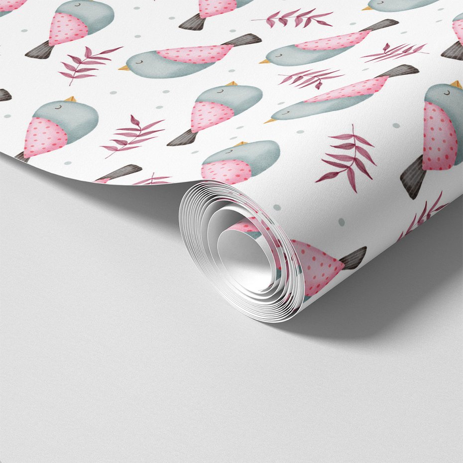 Tapeta - dziecięca, ptaki, liście, kropki