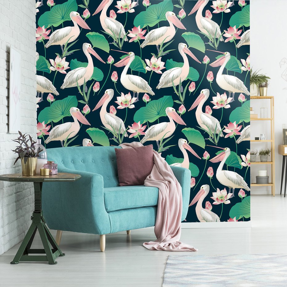 Tapeta - pelikan, kwiat, liście