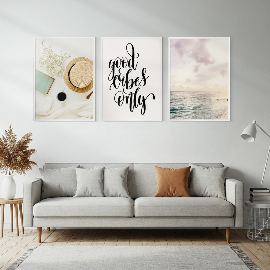 Zestaw obrazy w ramie, plakaty - kwiaty, lato, morze - rama biała