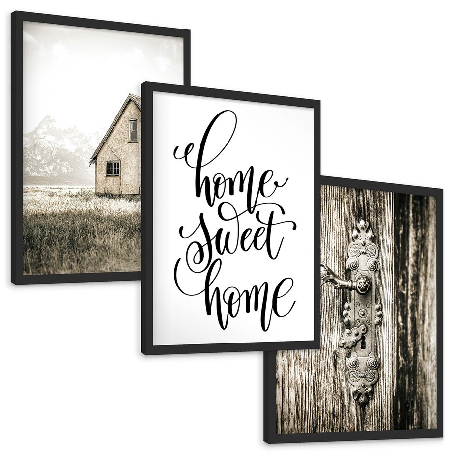 Zestaw obrazy w ramie, plakaty - dom, drzwi, rustykalny - rama czarna