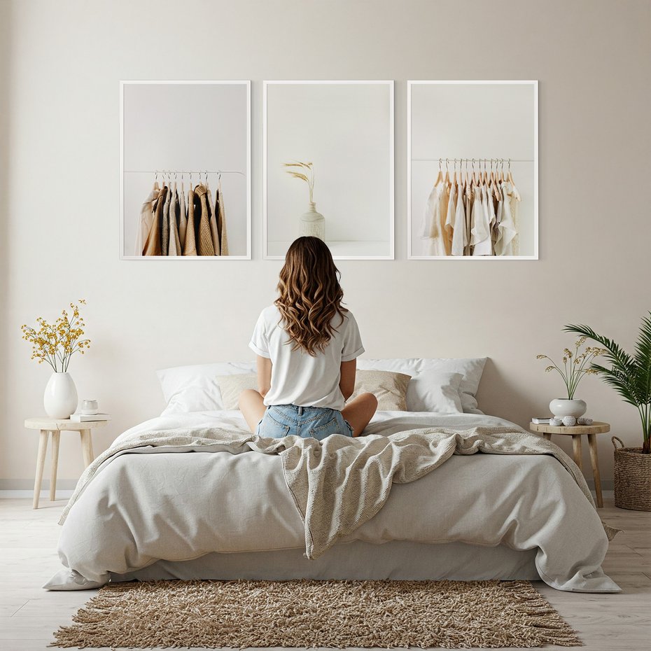Zestaw obrazy w ramie, plakaty - ubrania, wazon, beżowy - rama biała