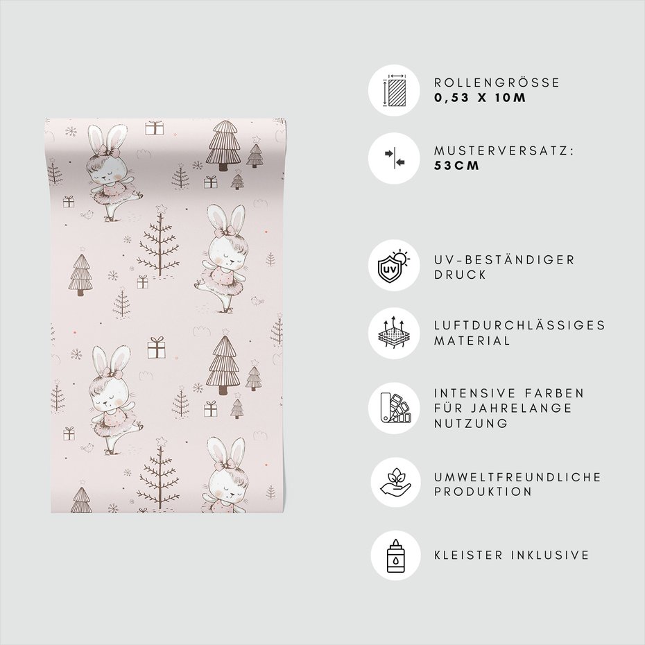 Tapeta - dziecięca, królik, choinki, prezenty