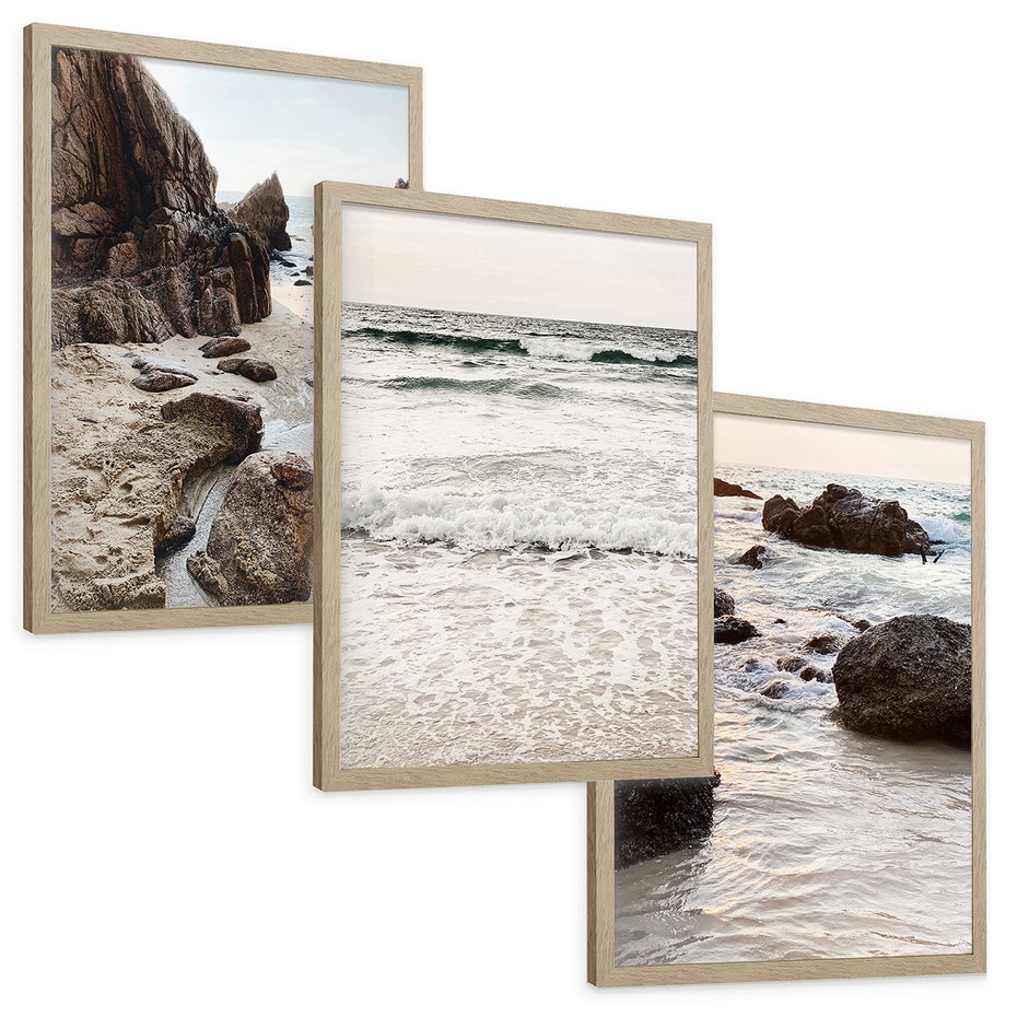 Zestaw obrazy w ramie, plakaty - plaża, morze, skały - rama drewno