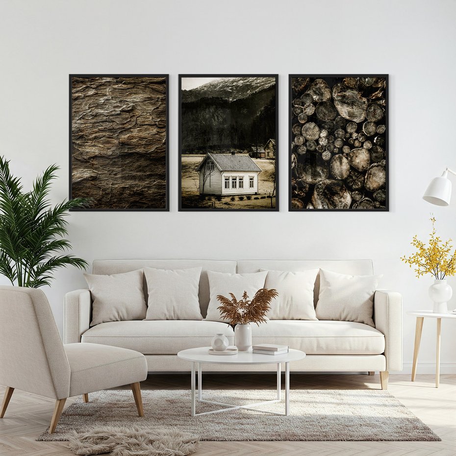 Zestaw obrazy w ramie, plakaty - dom, natura, drewno - rama czarna