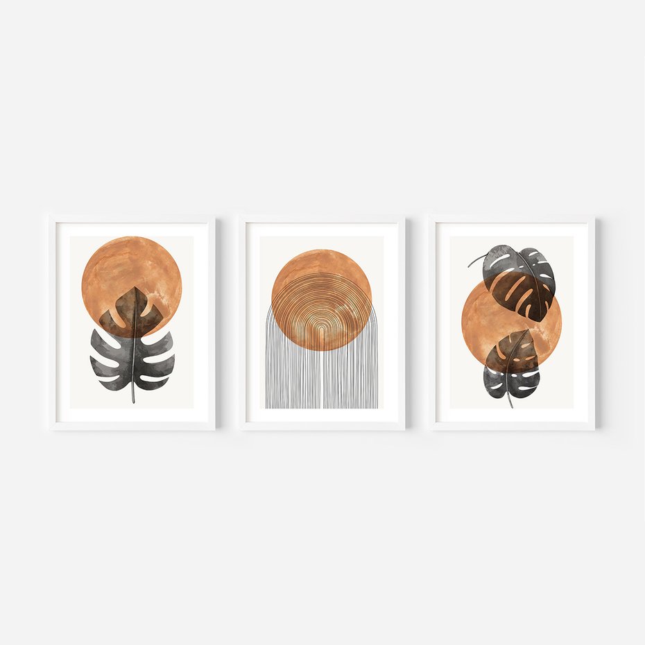 Zestaw obrazy w ramie, plakaty - liście, abstrakcja, okrąg - rama biała