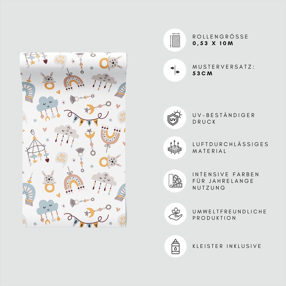 Tapeta - dziecięca, królik, chmura, tęcza