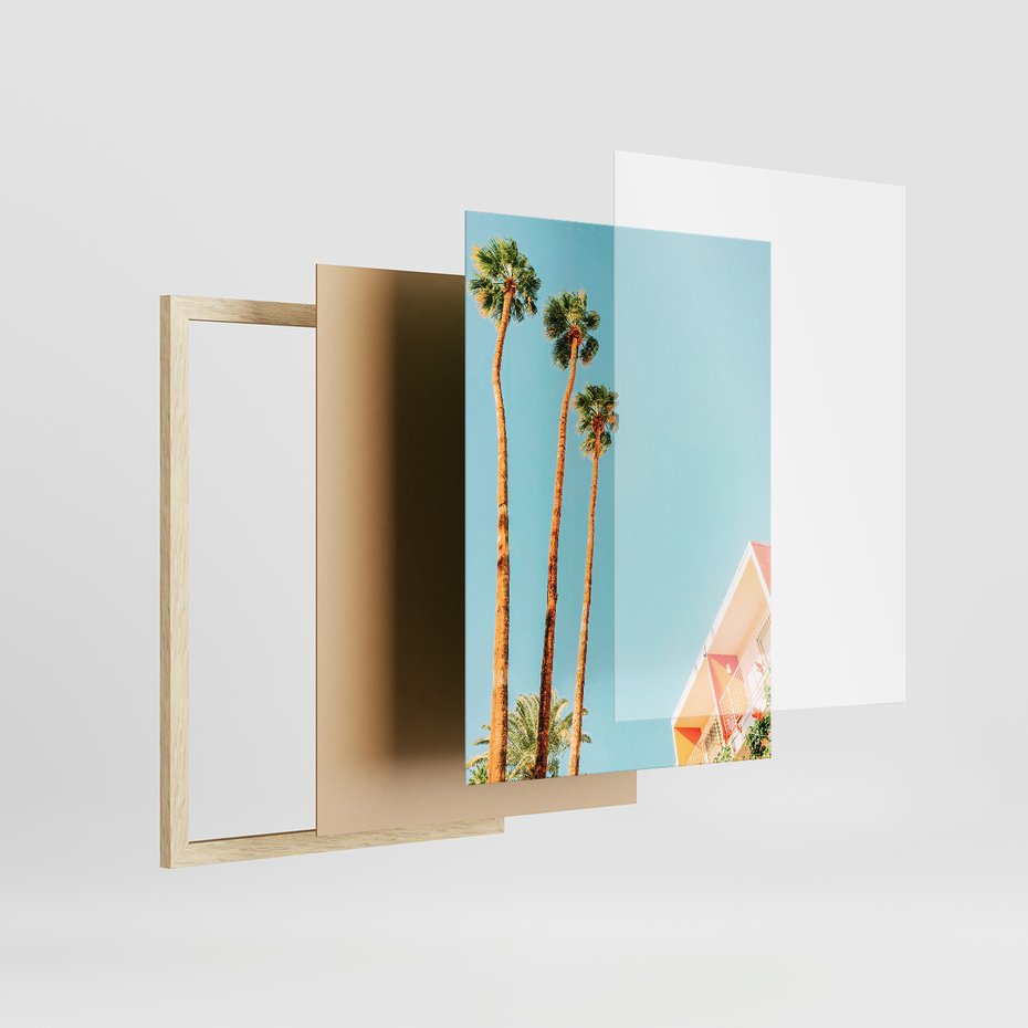 Zestaw obrazy w ramie, plakaty - palmy, plaża, tropikalny - rama drewno