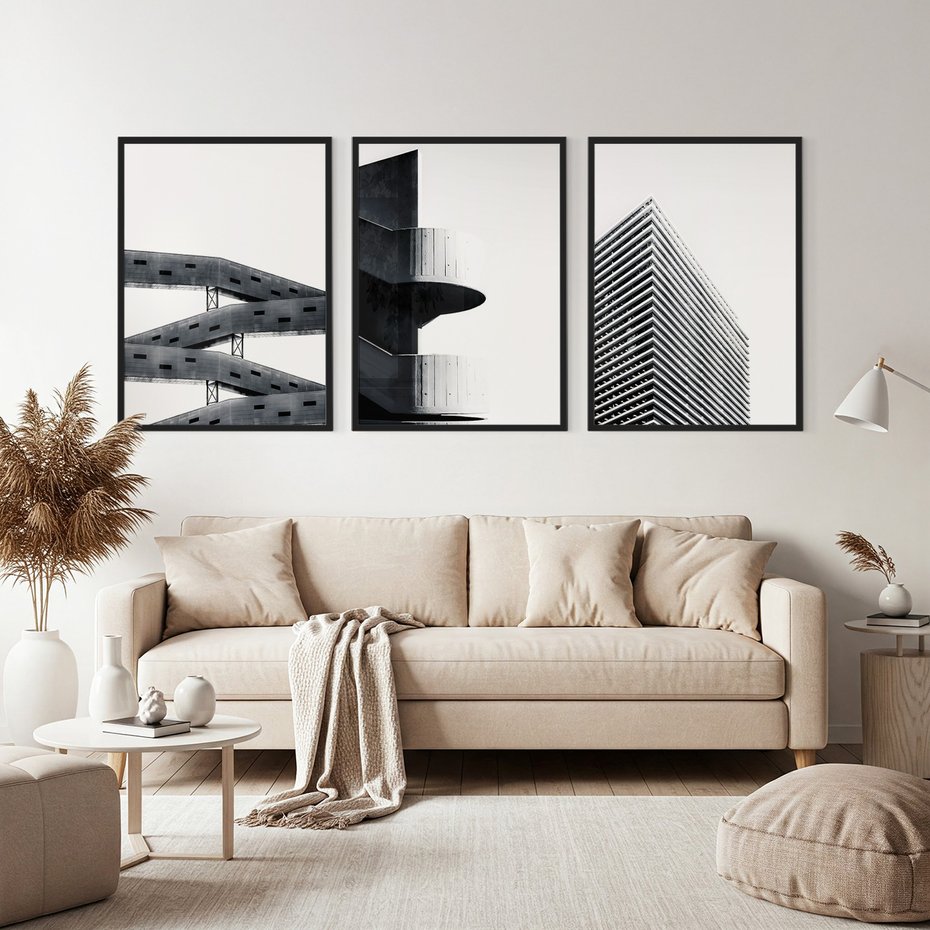 Zestaw obrazy w ramie, plakaty - architektura, budynki, minimalizm - rama czarna