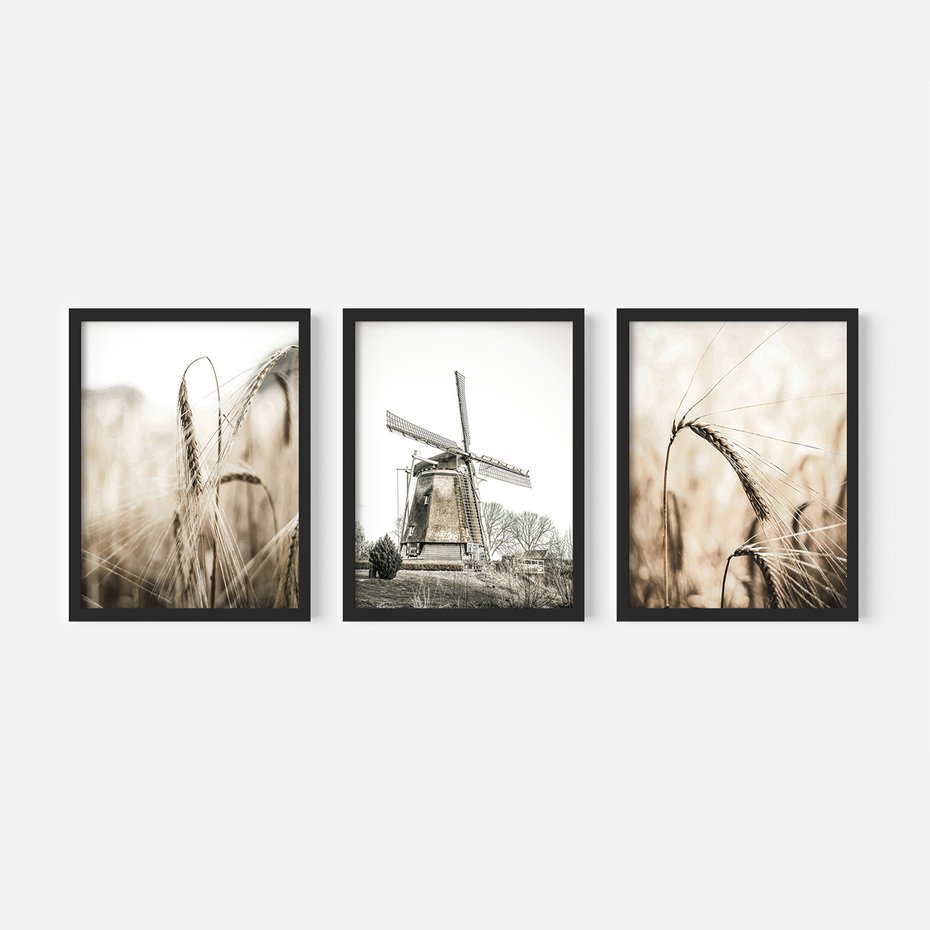 Zestaw obrazy w ramie, plakaty - pole, wieś, żniwa - rama czarna