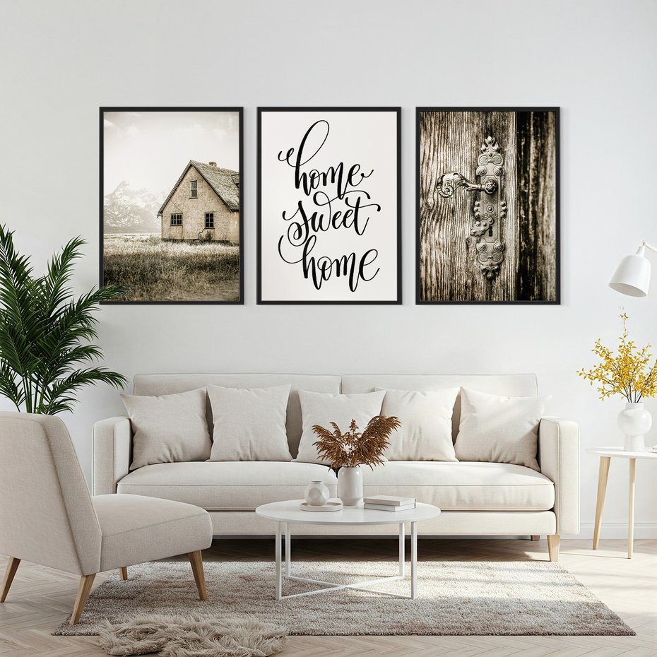 Zestaw obrazy w ramie, plakaty - dom, drzwi, rustykalny - rama czarna