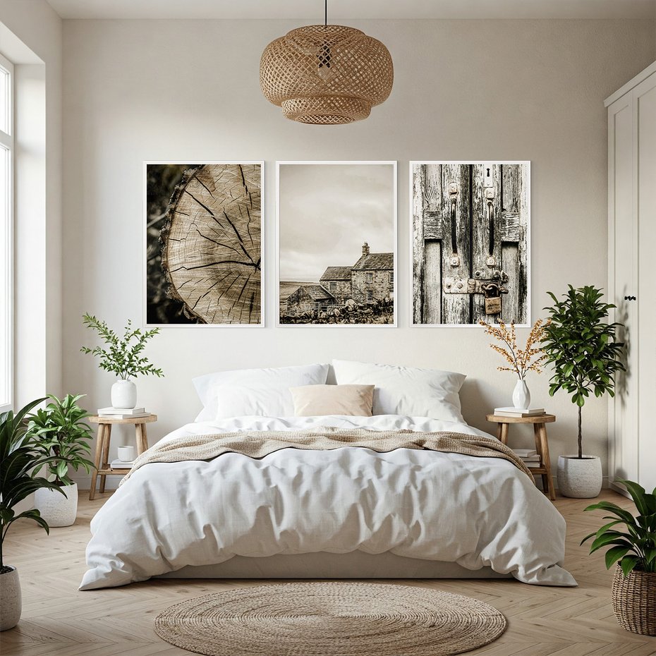 Zestaw obrazy w ramie, plakaty - drewno, tekstura, budynek - rama biała