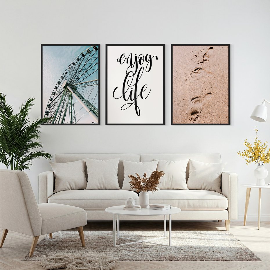 Zestaw obrazy w ramie, plakaty - wakacje, plaża, piasek - rama czarna