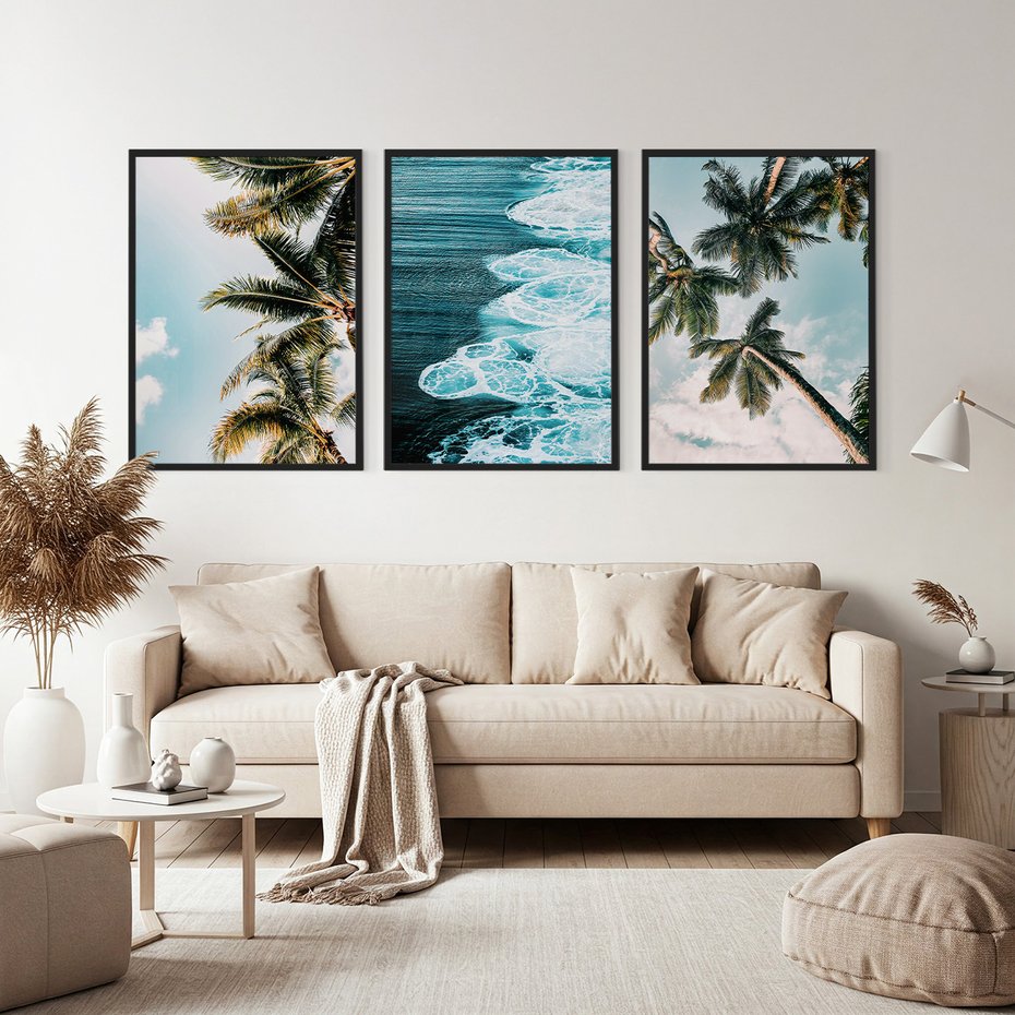 Zestaw obrazy w ramie, plakaty - palmy, morze, woda - rama czarna