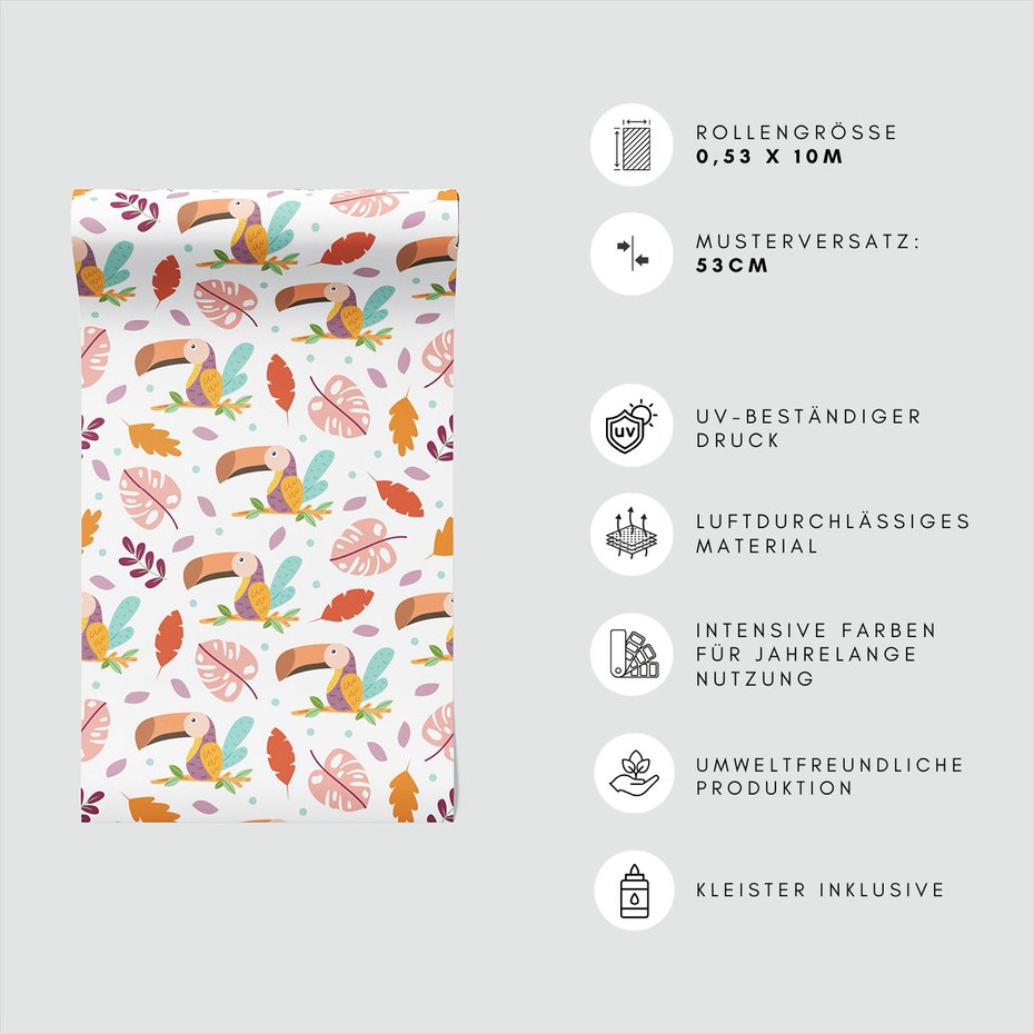 Tapeta - dziecięca, tukany, liście, gałąź