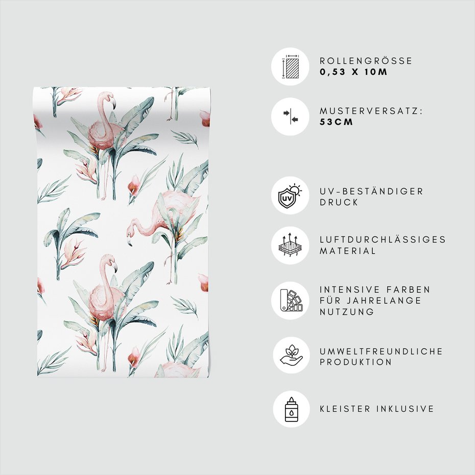 Tapeta - flamingo, liście, kwiaty