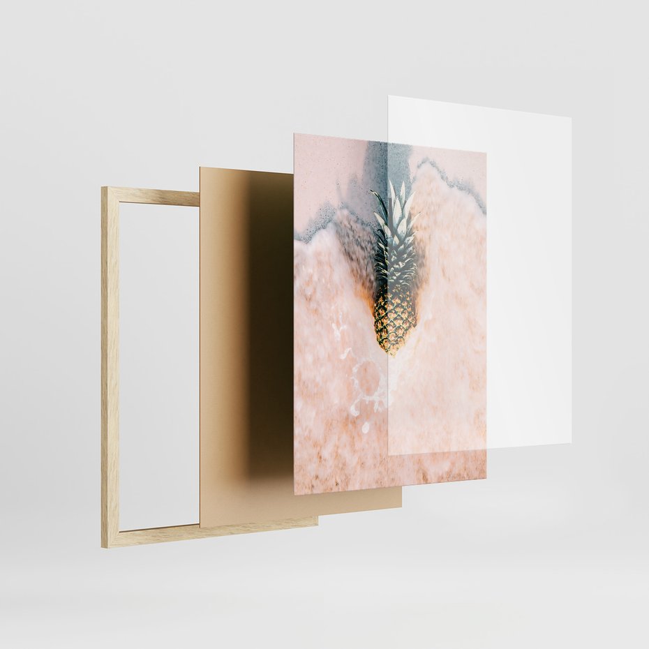 Zestaw obrazy w ramie, plakaty - ananas, plaża, kokosy - rama drewno