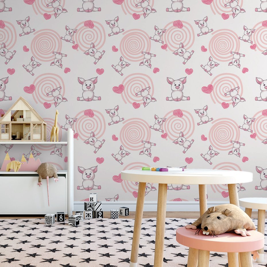 Tapeta - dziecięca, świnka, serce, spirala