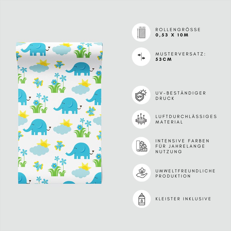 Tapeta - dziecięca, słoń, motyl, kwiat