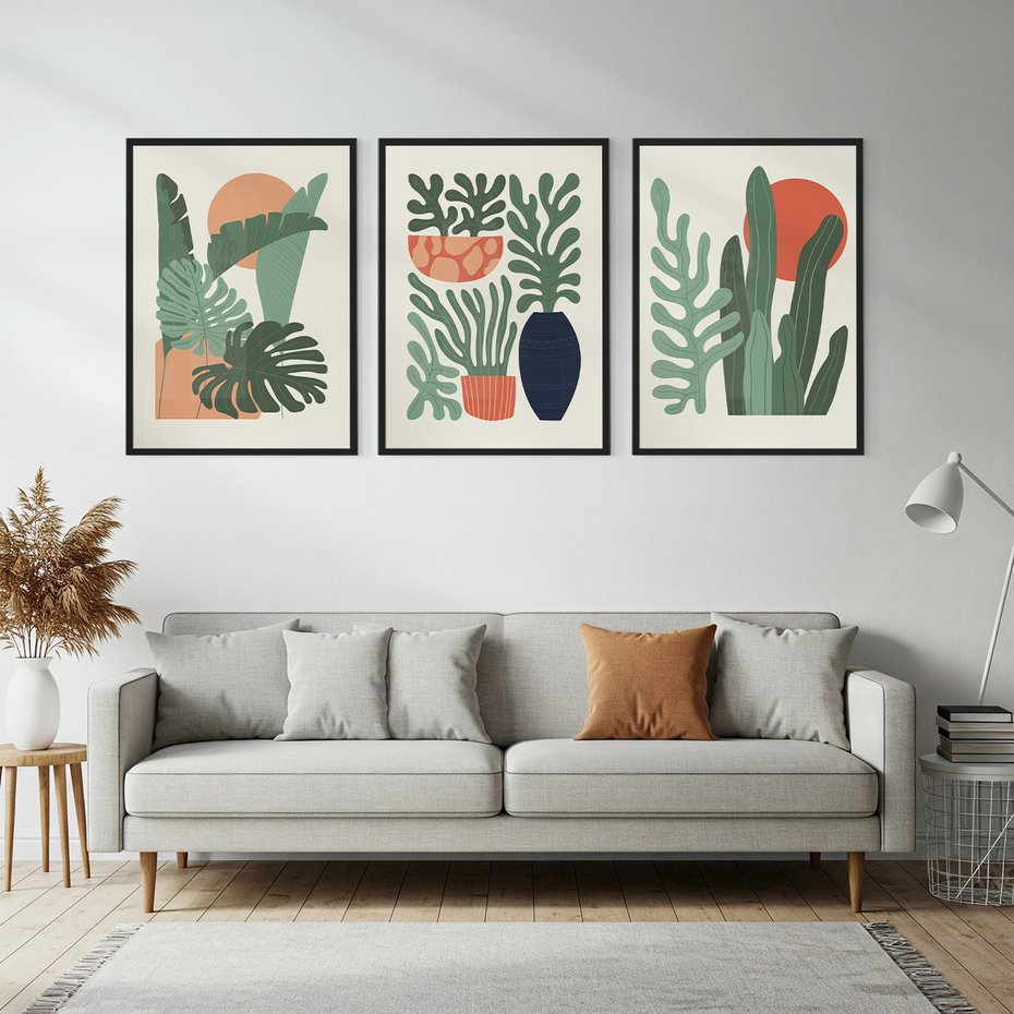 Zestaw obrazy w ramie, plakaty - liście, rośliny, abstrakcja - rama czarna