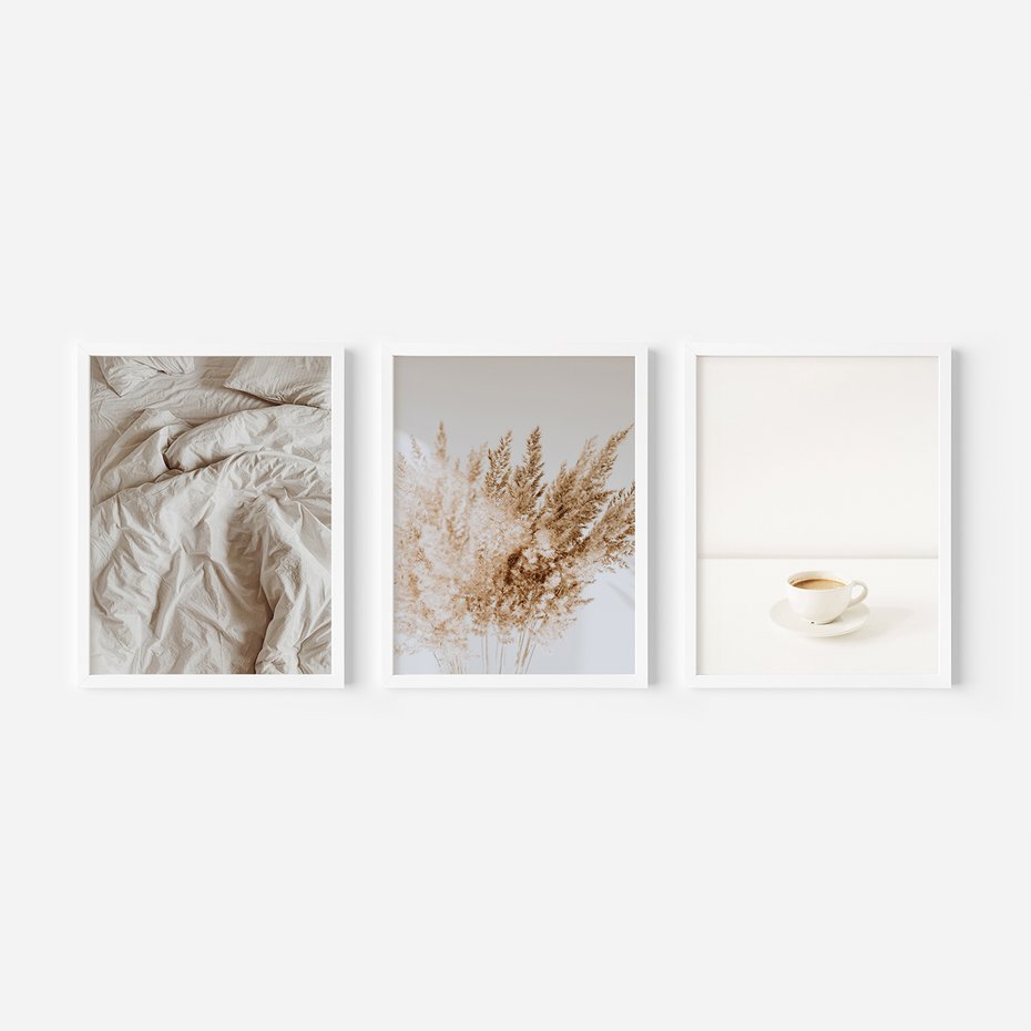 Zestaw obrazy w ramie, plakaty - beżowy, kawa, trawa - rama biała
