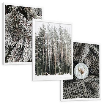 Zestaw obrazy w ramie, plakaty - zima, śnieg, las - rama biała
