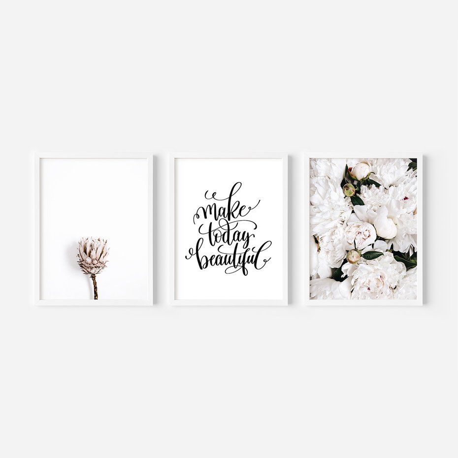 Zestaw obrazy w ramie, plakaty - kwiaty, napisy, protea - rama biała