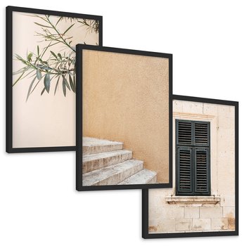 Zestaw obrazy w ramie, plakaty - liście, budynek, okno - rama czarna