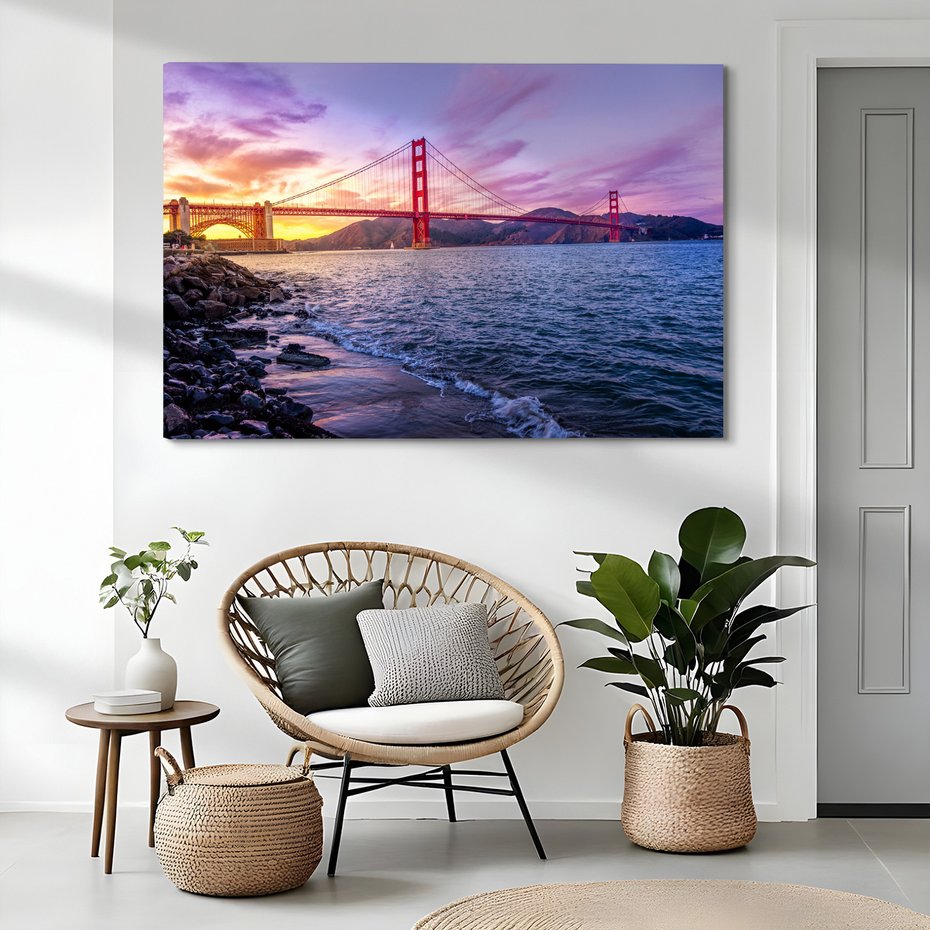 Obraz na płótnie - most, morze, zachód słońca