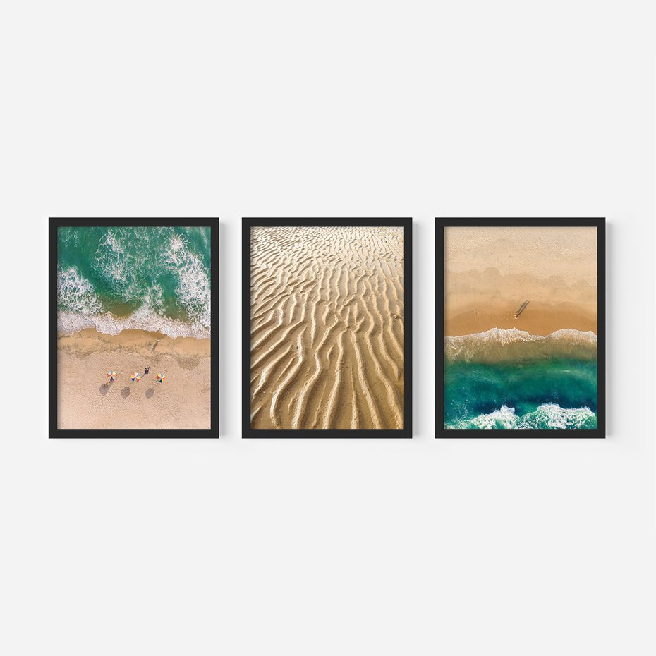 Zestaw obrazy w ramie, plakaty - plaża, morze, piasek - rama czarna