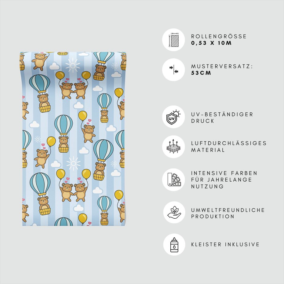 Tapeta - dziecięca, misie, balony, chmury