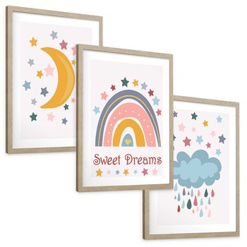 Zestaw obrazy w ramie, plakaty - gwiazdy, księżyc, tęcza - rama drewno
