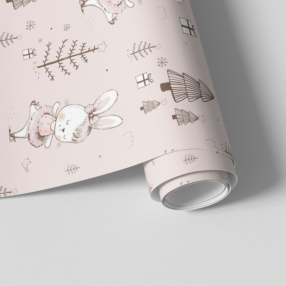 Tapeta - dziecięca, królik, choinki, prezenty